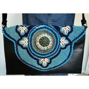 Shoulder Handbag Black with Beaded Art Blue Turquoise Beads Sea Shells Design‎